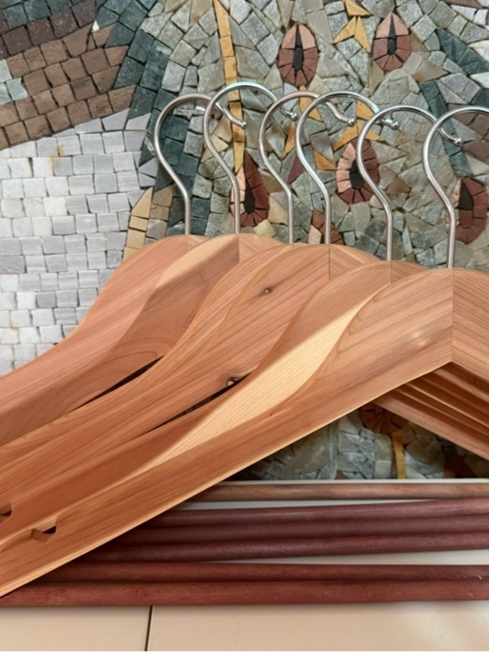 Set of 10 - Cedar Wood Suit Hangers with Metal Hooks - Natural Wood